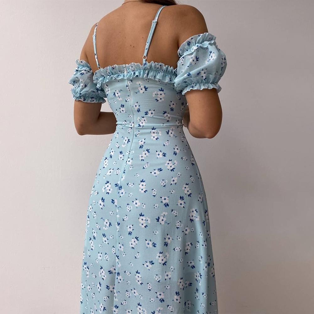 2023 Women’s Off Shoulder Frilly Suspender Split Mid-length Dress Party Summer Ladies Short Sleeve V-neck Dress Floarl A-Line