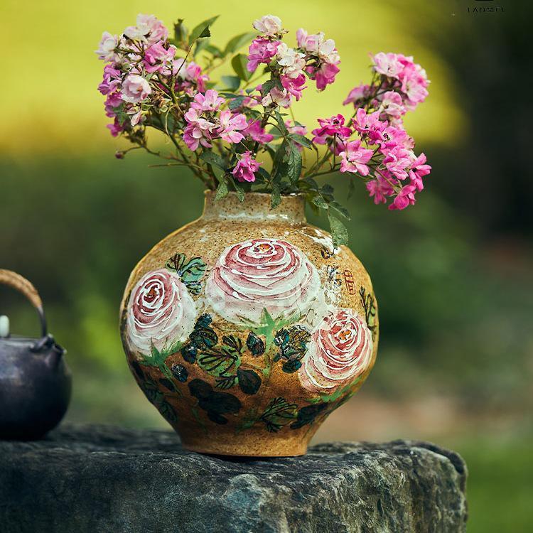 Valley Hand-Painted Rose Ceramic Vase for Living Room Decor, Flower Arrangement, or Hydroponic Use