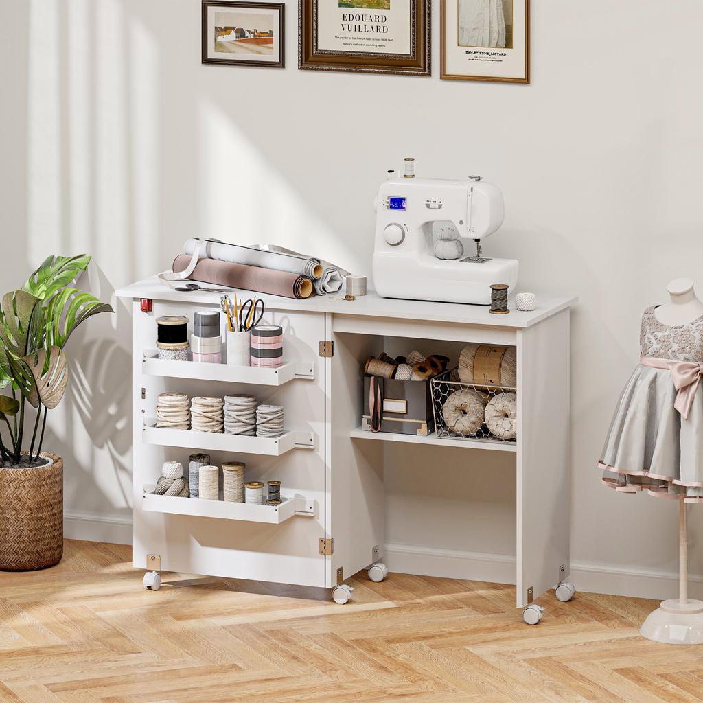 Masă de cusut pliabilă mobilier de cusut cu blat rabatabil cu cutii de depozitare, raft deschis și rotile, alb
