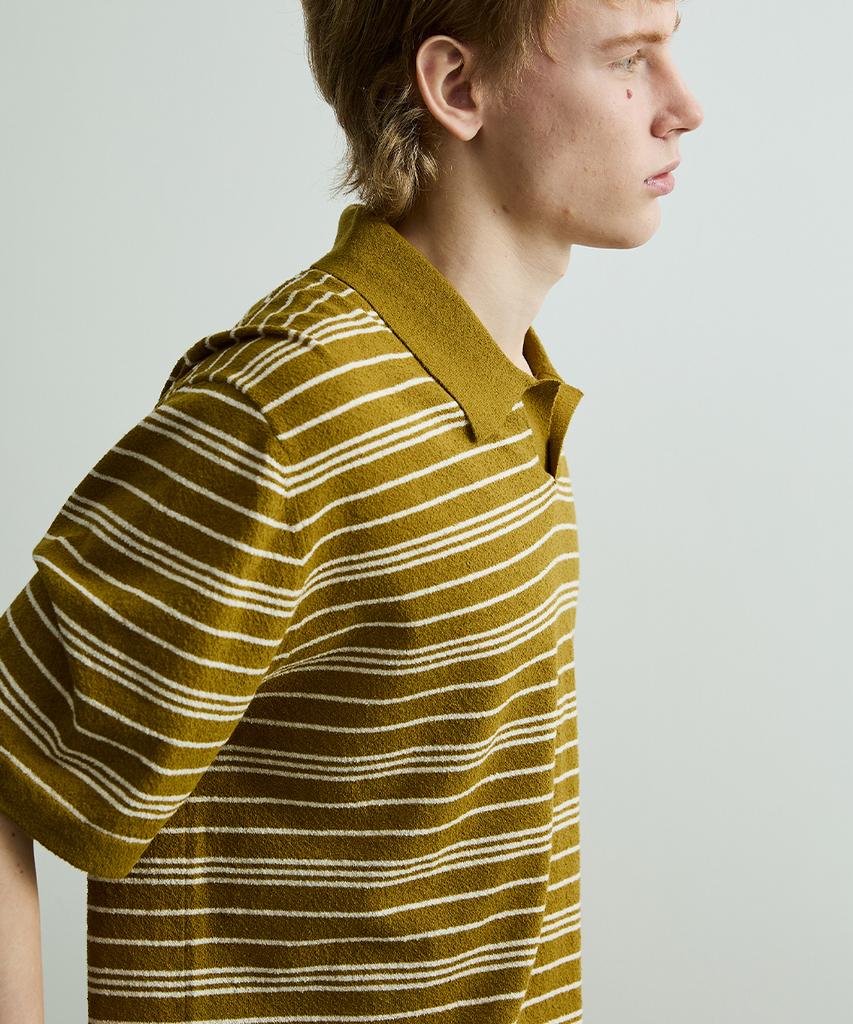 ONNHANS Striped Open Collar Short Sleeve Knit_Olive Green