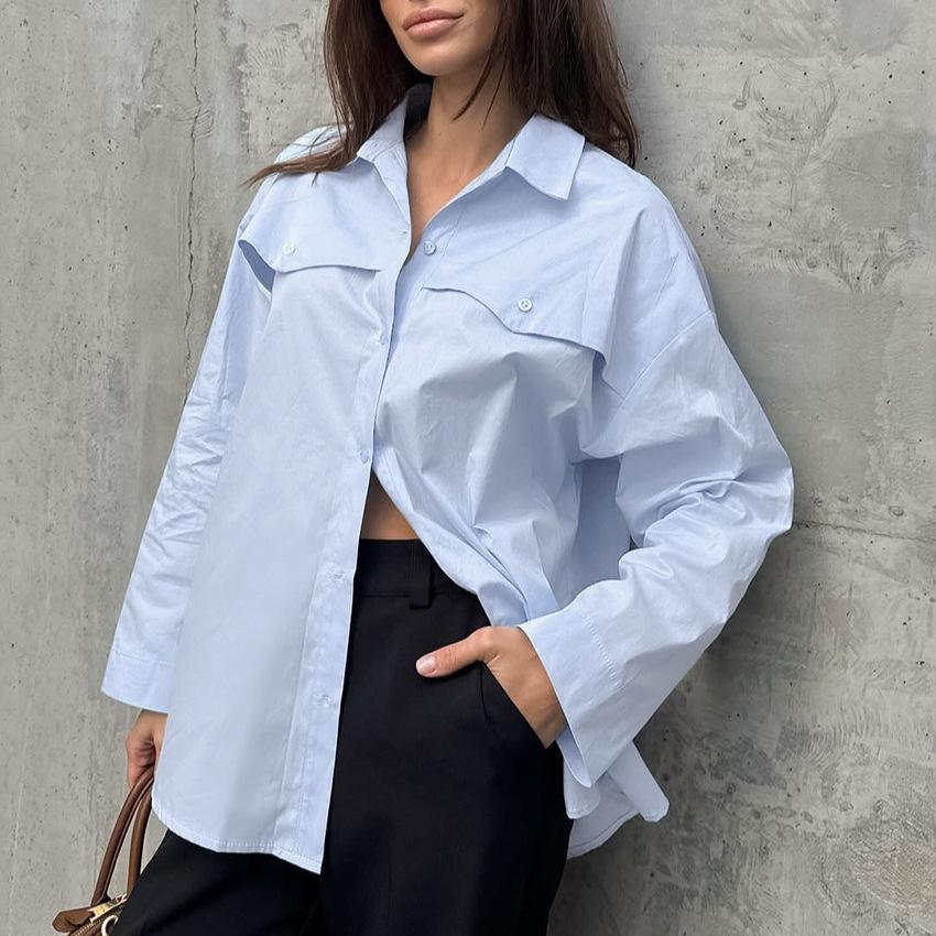 European and American new design sense rear split fork long sleeve irregular cotton shirt femininity commuter versatile top