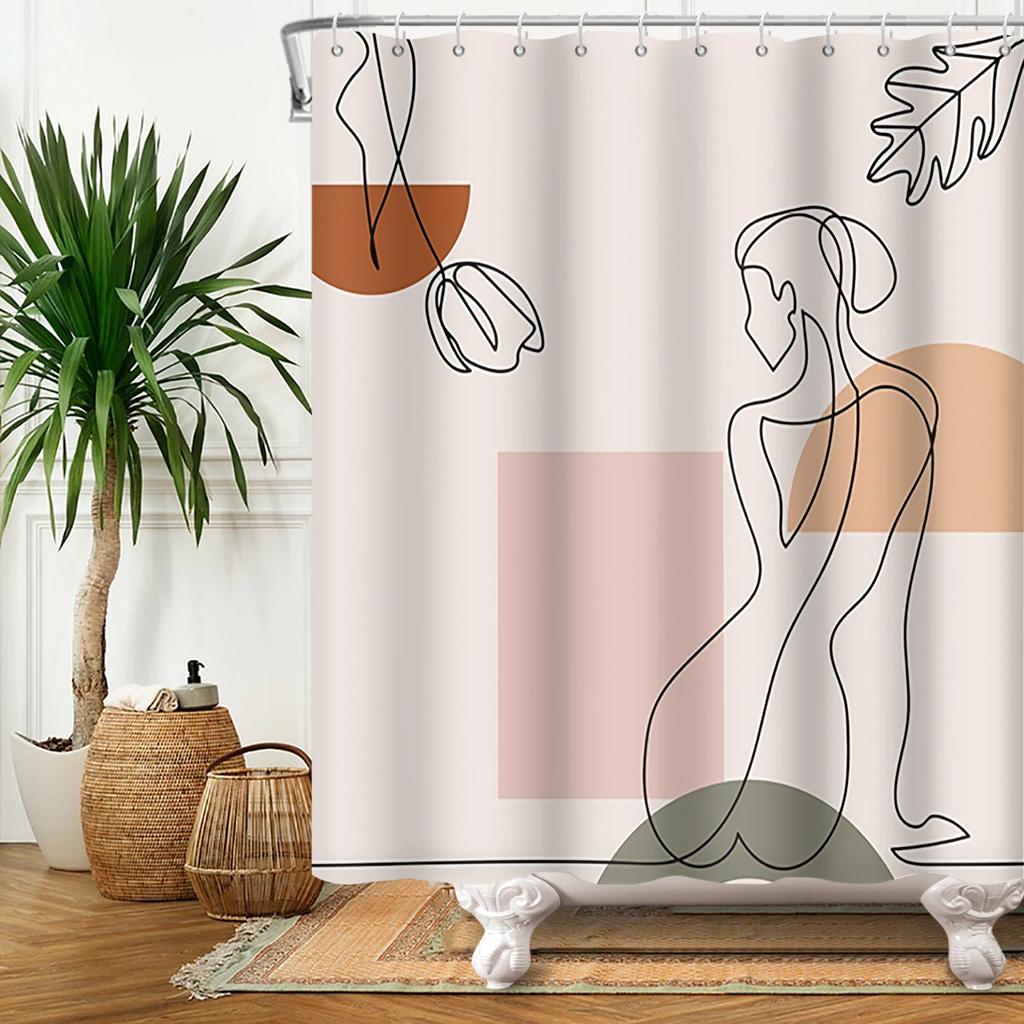 Nordic Wind Boho Shower Curtain for Bathroom Abstract Mid Century Modern Minimalist Geometric Arch Beige Bohemian Bath Curtain