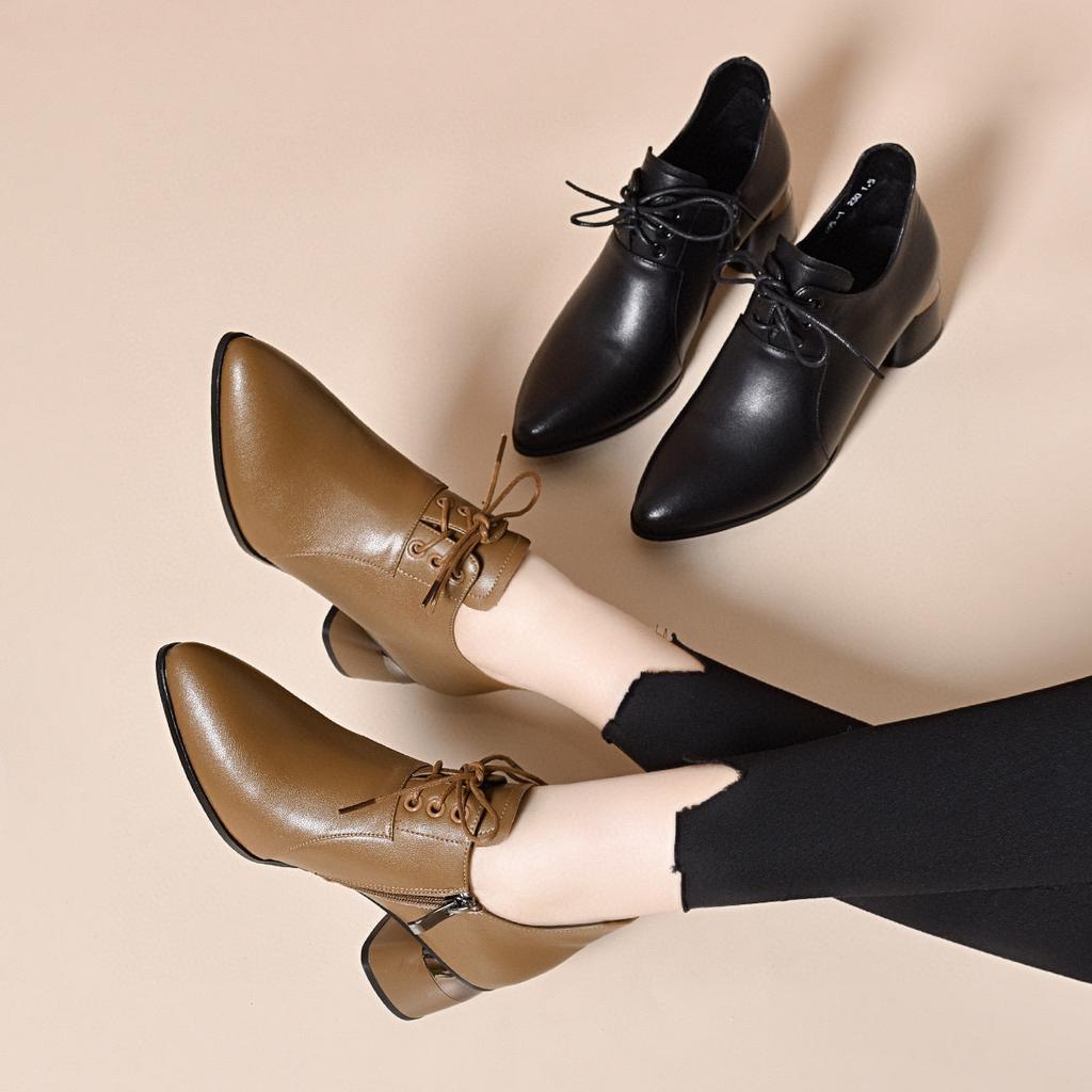 Pointed high heels women's spring new deep-mouth lace-up single shoes side zipper fashion shoes women's leather shoes
