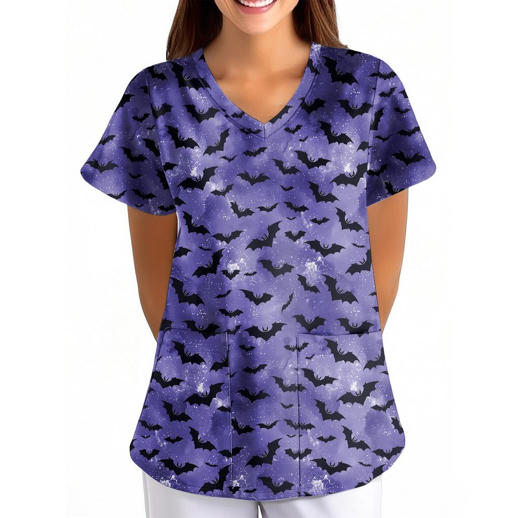 Women's Halloween Printed Loose V-Neck Pocket Short SleevUniform Uniform