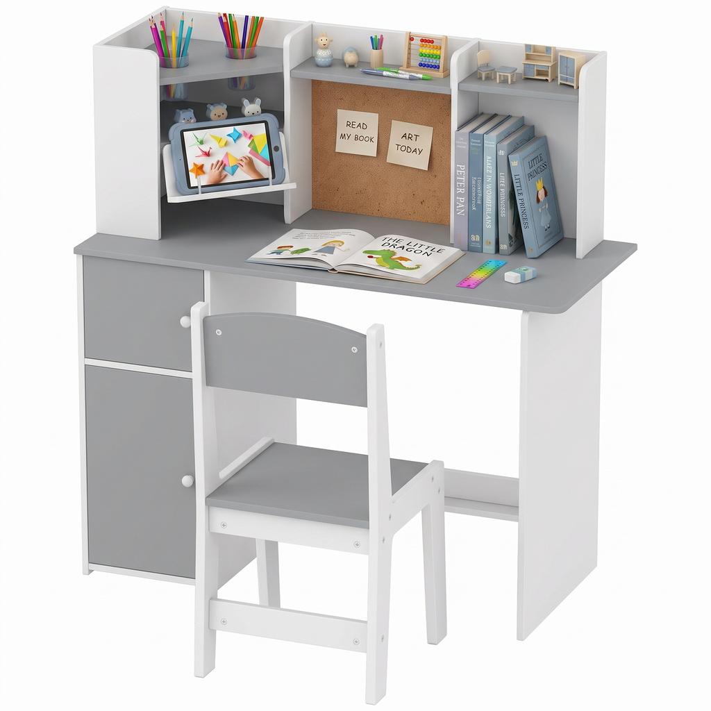 Kids' Desk and Chair Set with Pen Holder, Adjustable Tablet Stand, Cabinets and Bulletin Board, Gray