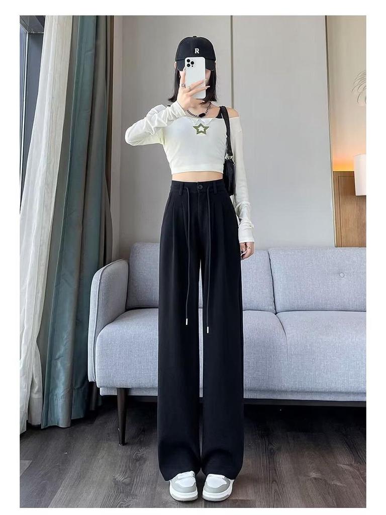 Women's Gray High-Waisted Wide-Leg Sweatpants - Casual Drawstring Fit for Autumn and Winter