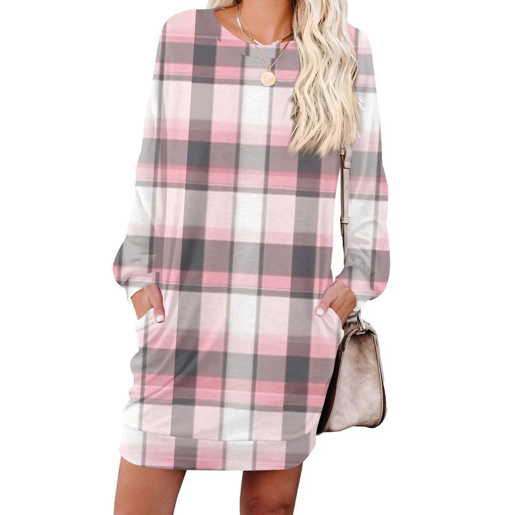 Damen Kariert Modisch Langärmlig Rundhals Taschenkleid