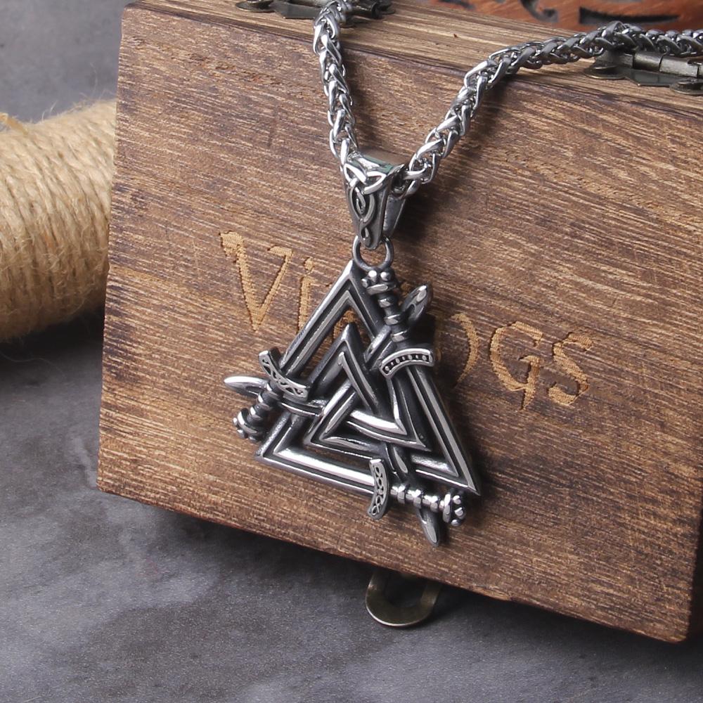 Stainless Steel Sword Valknut Necklace Viking Jewelry for Men Packed In Wooden Gift Box