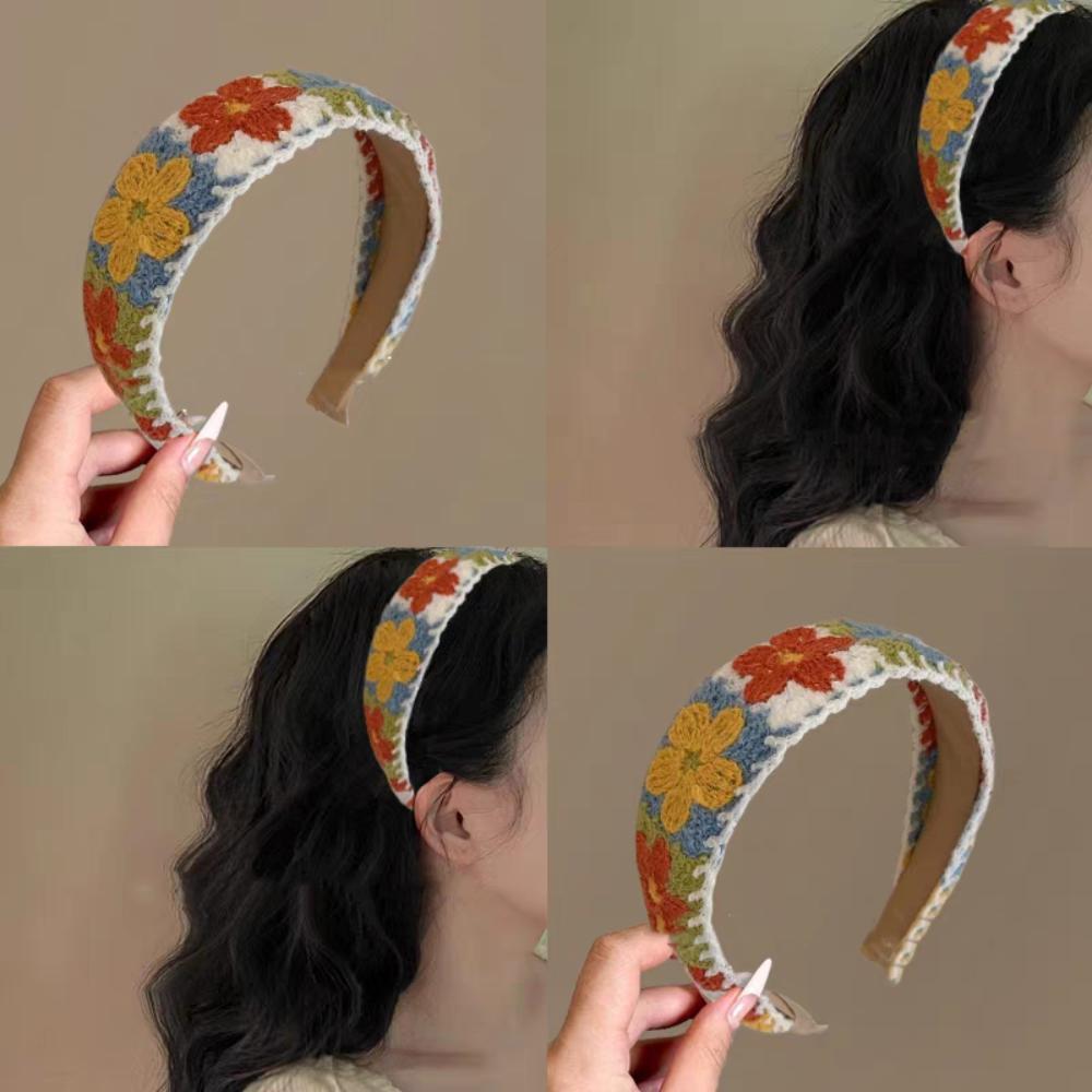 Colorful Floral Knitted Hairband Hollow Out Wide Edge Headband Embroidered Crochet Headband  Gift