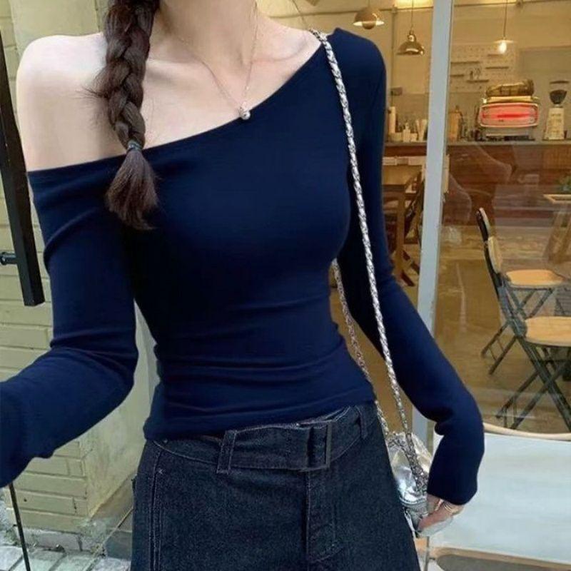 Autumn 2025 New Arrival: Women's One-Shoulder Slim Fit Long Sleeve Top - Solid Color, Sexy & Chic Base Layer