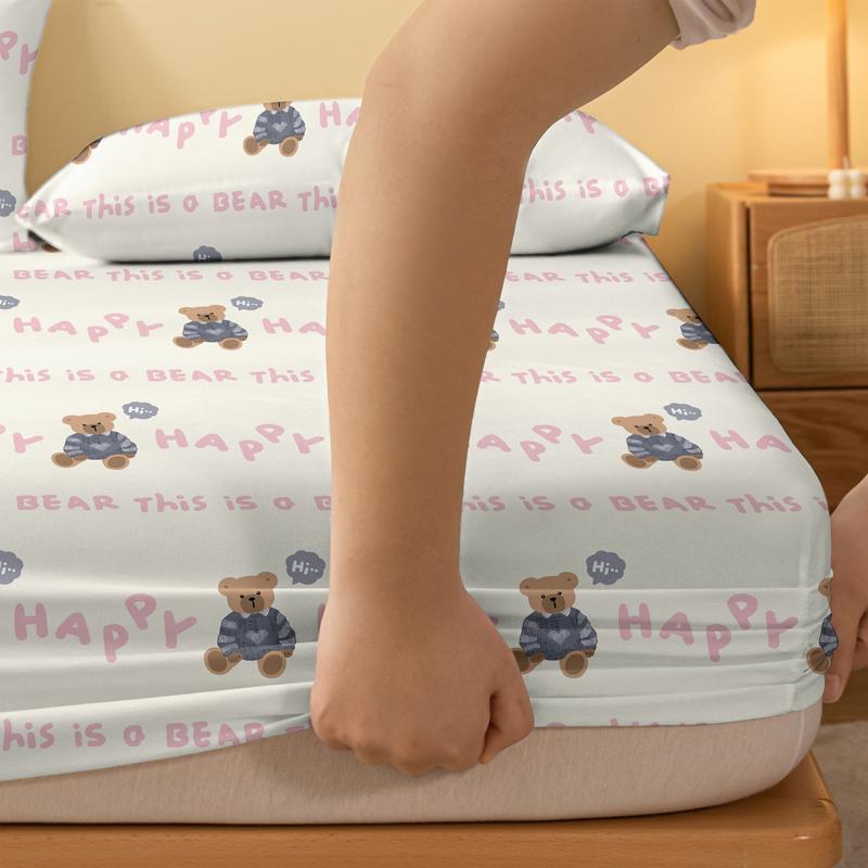 1 Cartoon Cute Animals Bear Printed Matte Fitted Sheet, Bedroom Printed Bed Cover, Bedding (Excluding Pillowcases)