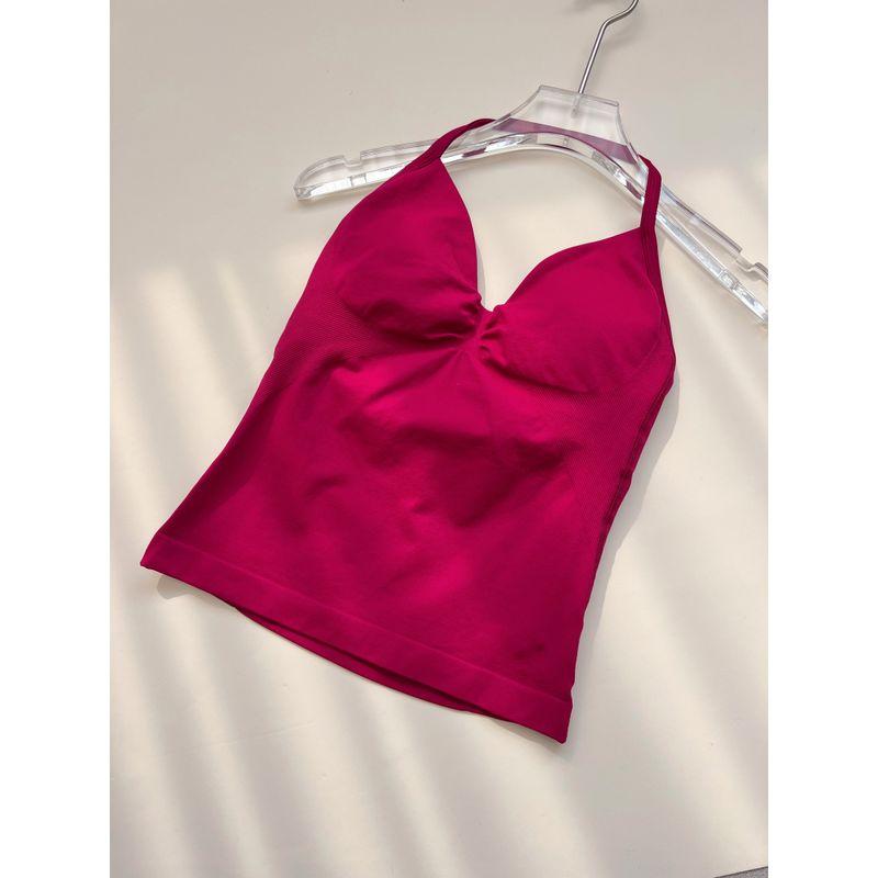 Df Thin-Strap Running Ruched Halter Fitness Bra with Chest Pads, Shaping, Shockproof, Beautiful Back Sports Yoga Tank Top for Women