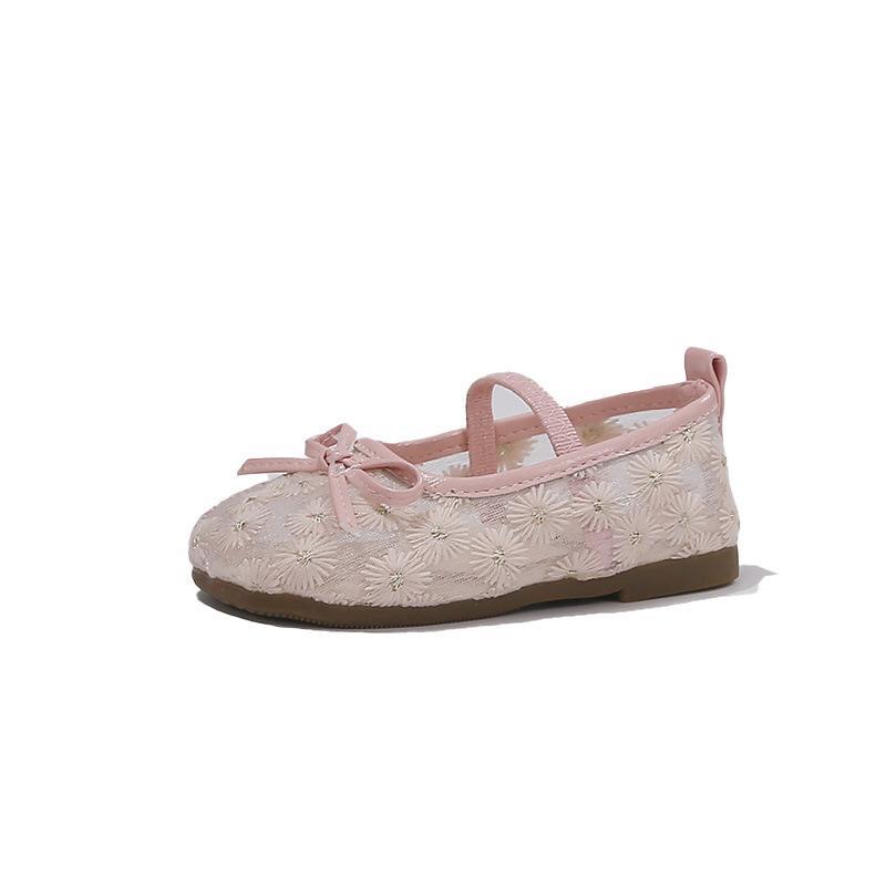 Girls' Flower Petal Pearl Solid Color Small Flats2026Summer Sweet Mesh Shoes for Children and Youngsters