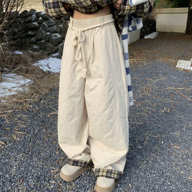 Retro American Winter Plaid-Patchwork Wide-Leg Relaxed Ski Pants - Insulated Casual Cargo Snow Trousers for Cold Weather