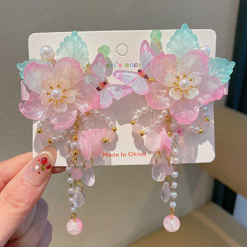 Pink Fairy Hanfu Hair Clip: Traditional Flower Tassel Headdress for Children