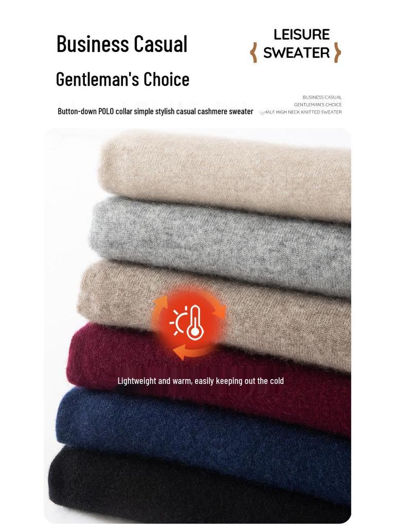 Men's Cashmere Polo Collar Sweater, Solid Color Knitwear, Long Sleeve Button-Up Pullover for Autumn/Winter