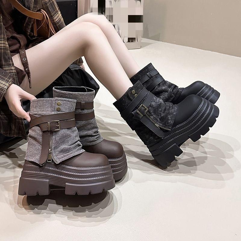 Cm Thick-soled Denim Stacked Short Boots Autumn New Small Man Heightening Martin Boots Pant Tube Boots Women