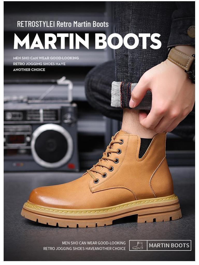 Men's British Style High-Top Yellow Martin Boots: Autumn/Winter Velvet Mid-Tops