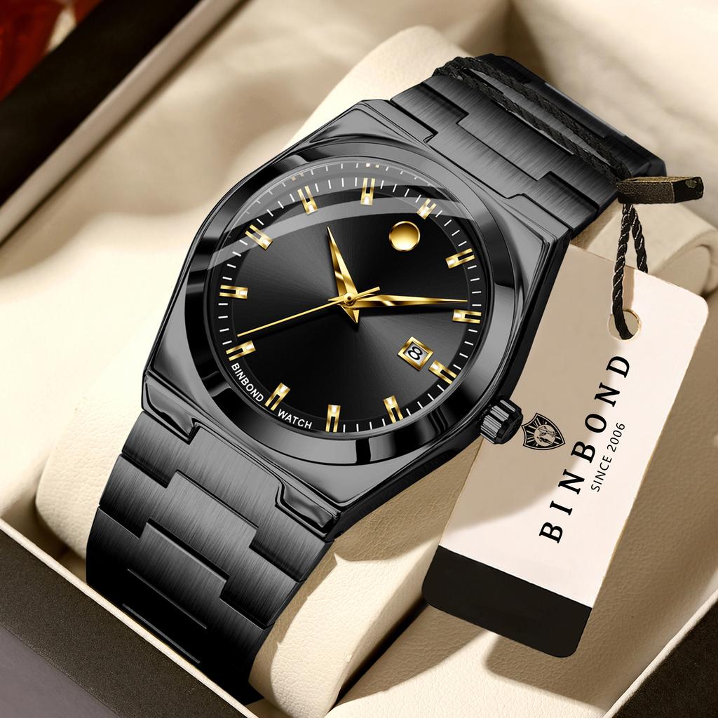 BINBOND Luminous Waterproof Durable Stainless Steel Strap Preicse Quartz Watches For Men Luxuy Auto Date Men's Watch Reloj