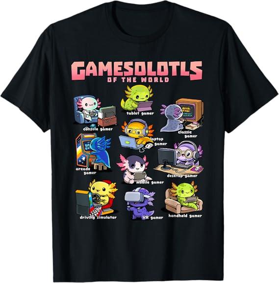 Gamesolotls of the World T-Shirt Gamer Axolotls Chibi Style