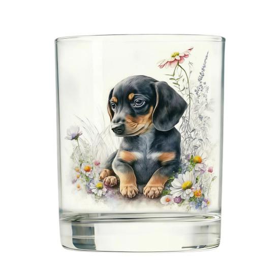 Whiskey Glass, Dachshund Glass Tumbler, Hand Painted Dog Floral Cup for Whiskey Coffee, Home Bar Gift for Dog Lovers