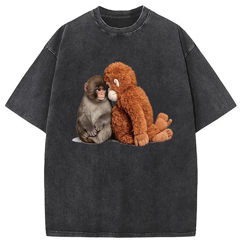 

Fashion Men s Washed Acid T-shirts Harajuku Short Sleeve Round Neck Plush Monkey Printed Funny Tees Unisex Man Clothes S