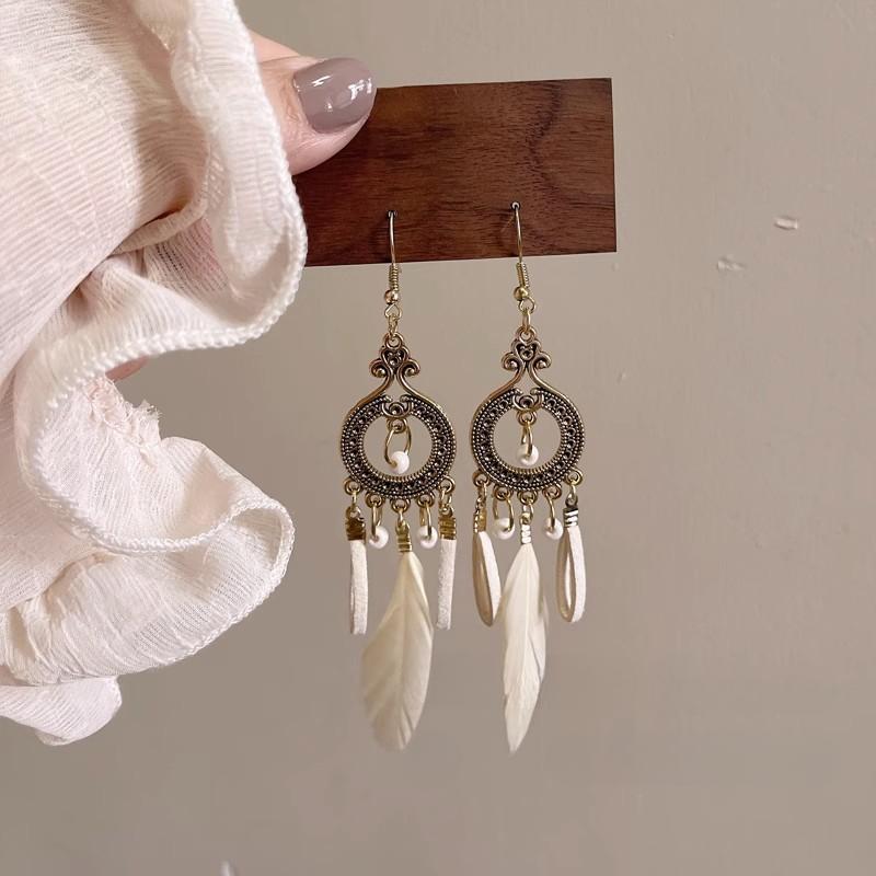 Hot selling ethnic style retro feather earrings, long multi colored vacation feather earrings, bead string design, circular earrings