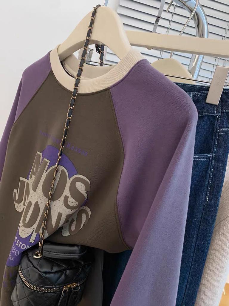 European-Style Plus Size 240 Jin Brushed Raglan Contrast Long Sleeve Women's Thermal Fleece Top for Early Spring/Autumn