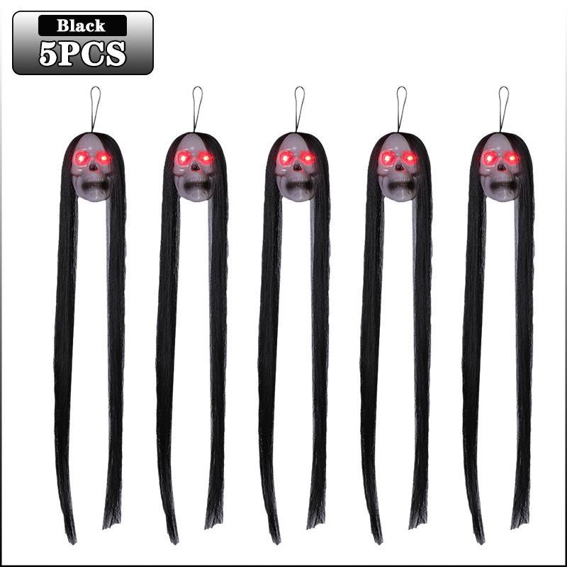 Halloween Hanging Ghost Skull with Long Hair Glowing Eyes Terror Skull Ghost House Head Skeleton Props 2024 Halloween Decoration