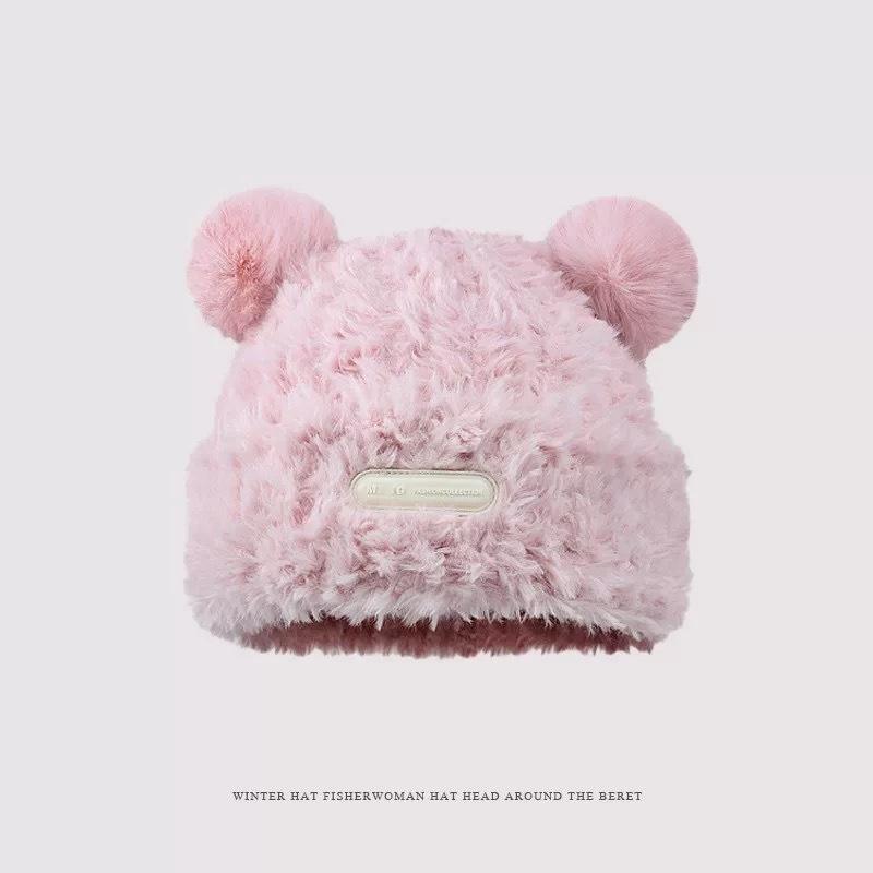 New women's winter plush warm thickened knitted hat wool stripes show small face big head circumference ear protectors stacking hat