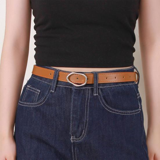 Imitation Leather Women Belt Versatile Solid Color Design Irregular Oval Buckle Pin Waistband Dress Shirt Top Waist Belt