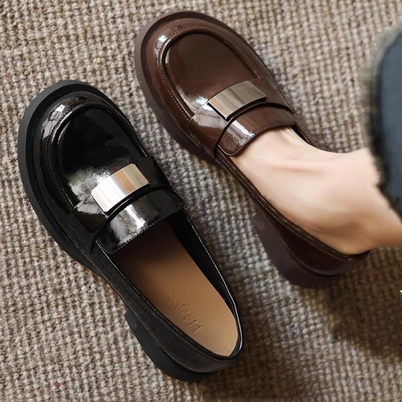 Fashion 2025 Women Thick High Heel Loafers Genuine Leather Round Toe Ladies Patent Leather Trend Casual Shoes