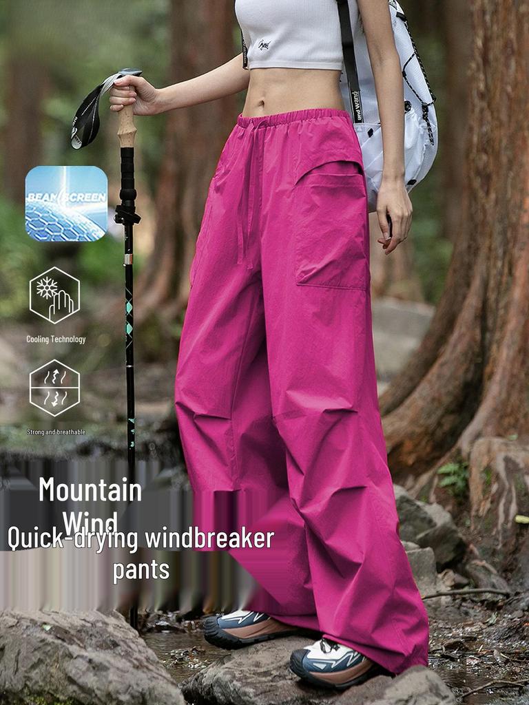 Women's Rose Red Quick-Dry Summer Windbreaker Hiking Pants - Lightweight, American-Style, Ideal for Outdoor Activities.