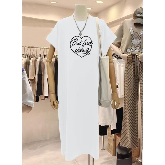 

Модное платье-футболка с круглым вырезом для женщин, свободного кроя в корейском стиле, повседневное, молодежное и стильное, платье с разрезом и рукавами-крылышками, длинное платье для лета 4XL темно-серого