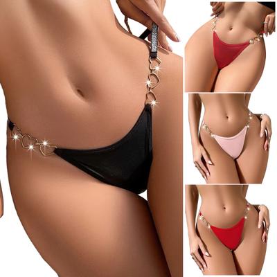 Women G-String Thongs Seamless Sexy Low Rise T-back Underwear Cheeky Glitter Panties with Heart Shaped Metal Chain