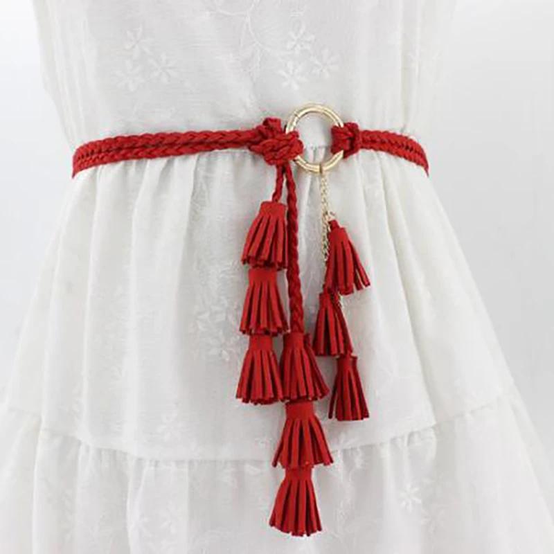 

Fashion Women Solid Color Braided Tassel Belt 2024 New Boho Girls Thin Waist Rope Knit Belts for Dress Waistbands Accessories червоний
