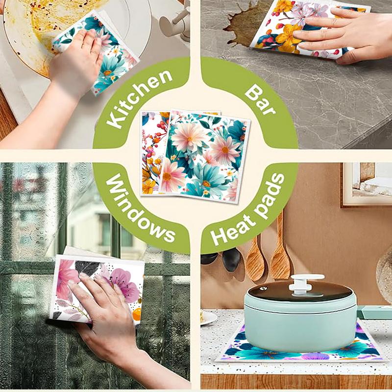Cleaning Cloth Reusable Kitchen Dish Towels Eco-friendly Microfiber Retro Oil Painting Flowers Print Dishcloths Lint Free Washable Rags Tea Towels