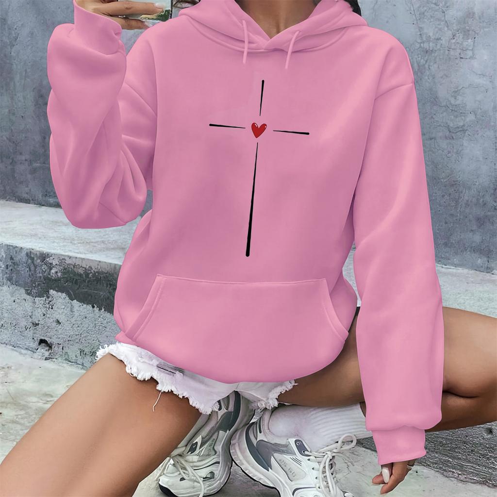 Women's autumn and winter warm and loose casual cross heart pattern printed thick velvet long sleeved hooded sweatshirt