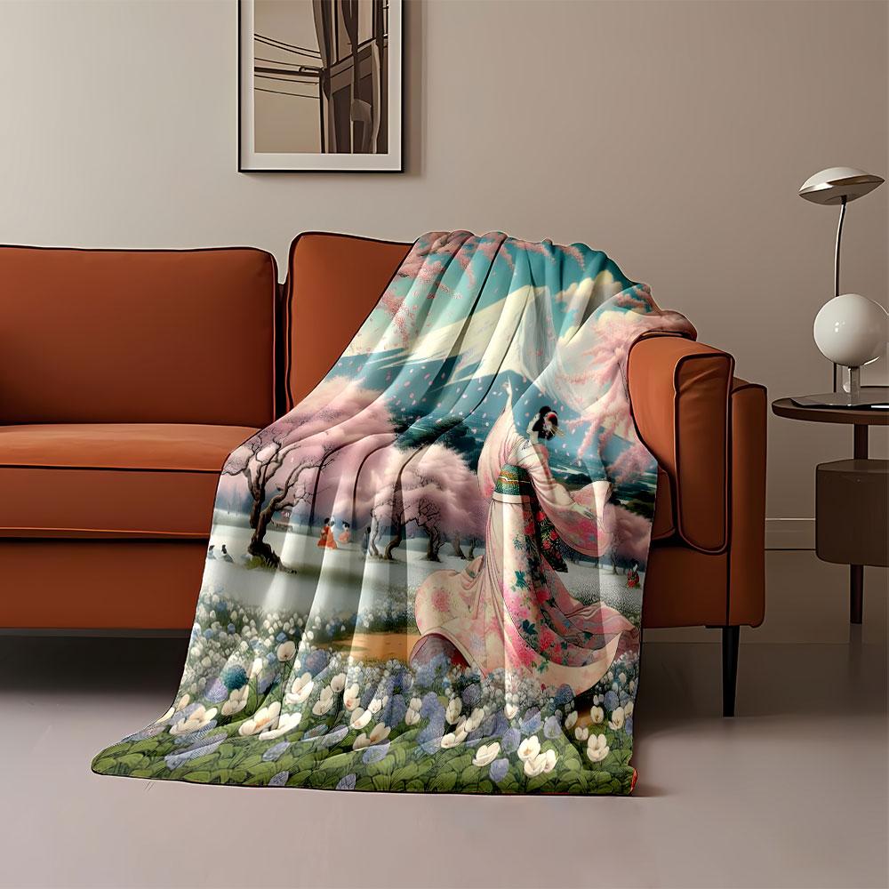 Cherry Blossom Geisha Scene print blanket soft and cozy perfect for the living room bed sofa or a nap,gift