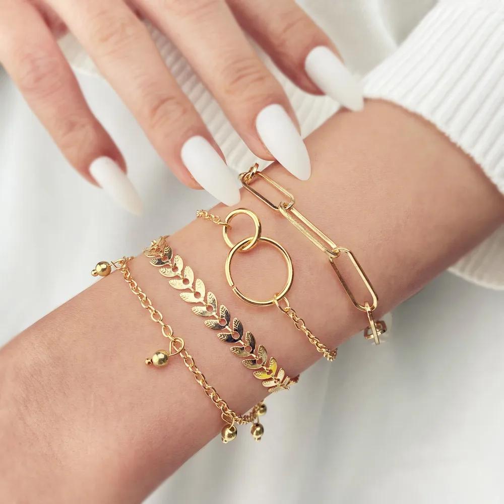 Punk Golden Metal Thick Chain Bracelets for Women Men Pentagram Heart Beads Pendant Charm Bracelet Set Fashion Jewelry