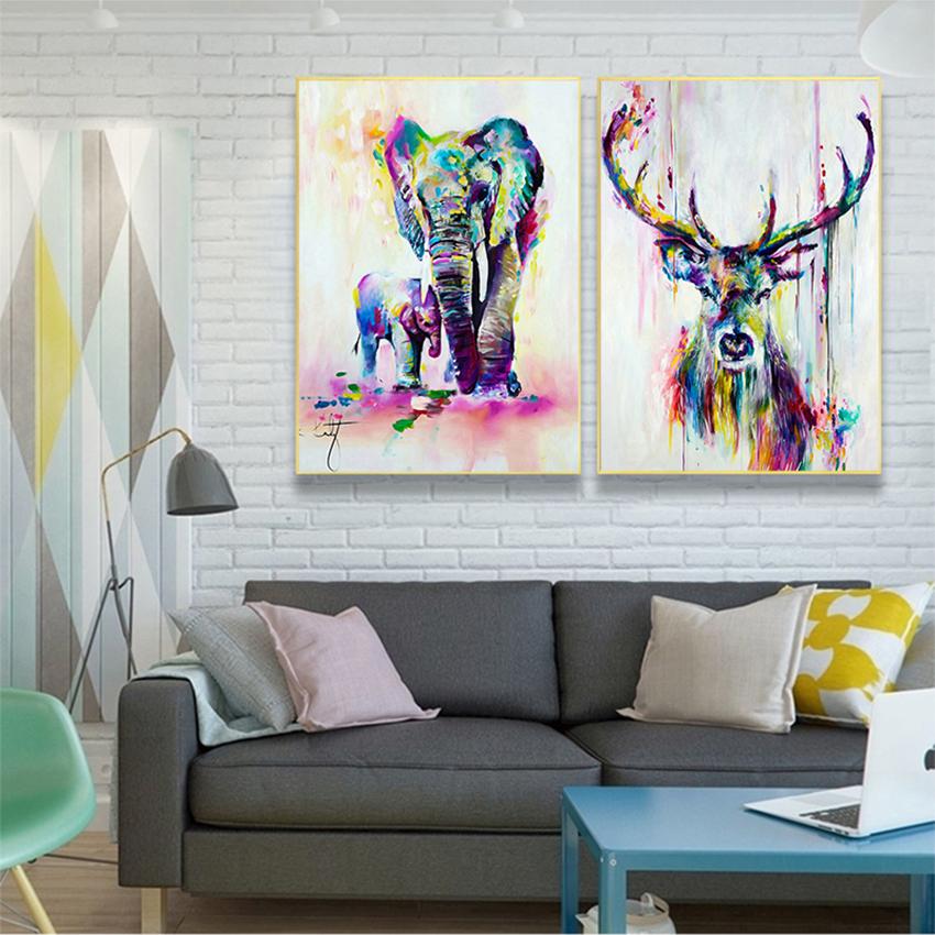 Art Prints Pop Wall Posters For Kids Room Watercolor Animals Canvas Paintings Elephant And Deer Abstract Graffiti