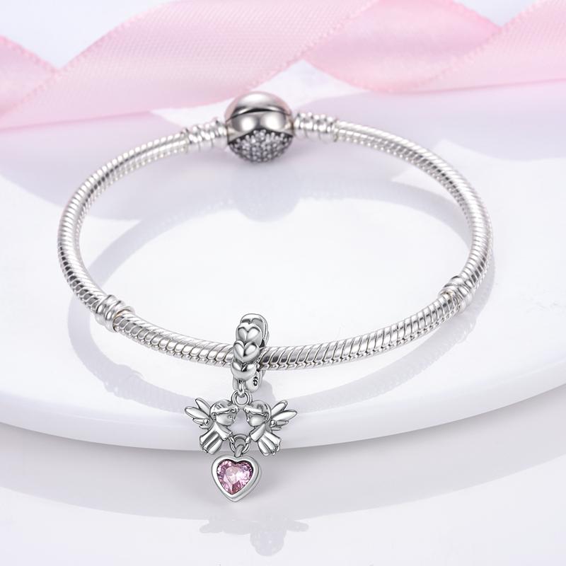 Charms Copperguardian Angel Pink Heart Pendants Fit Charms Plataoriginal Bracelet Beads Women Jewellery Making Gifts