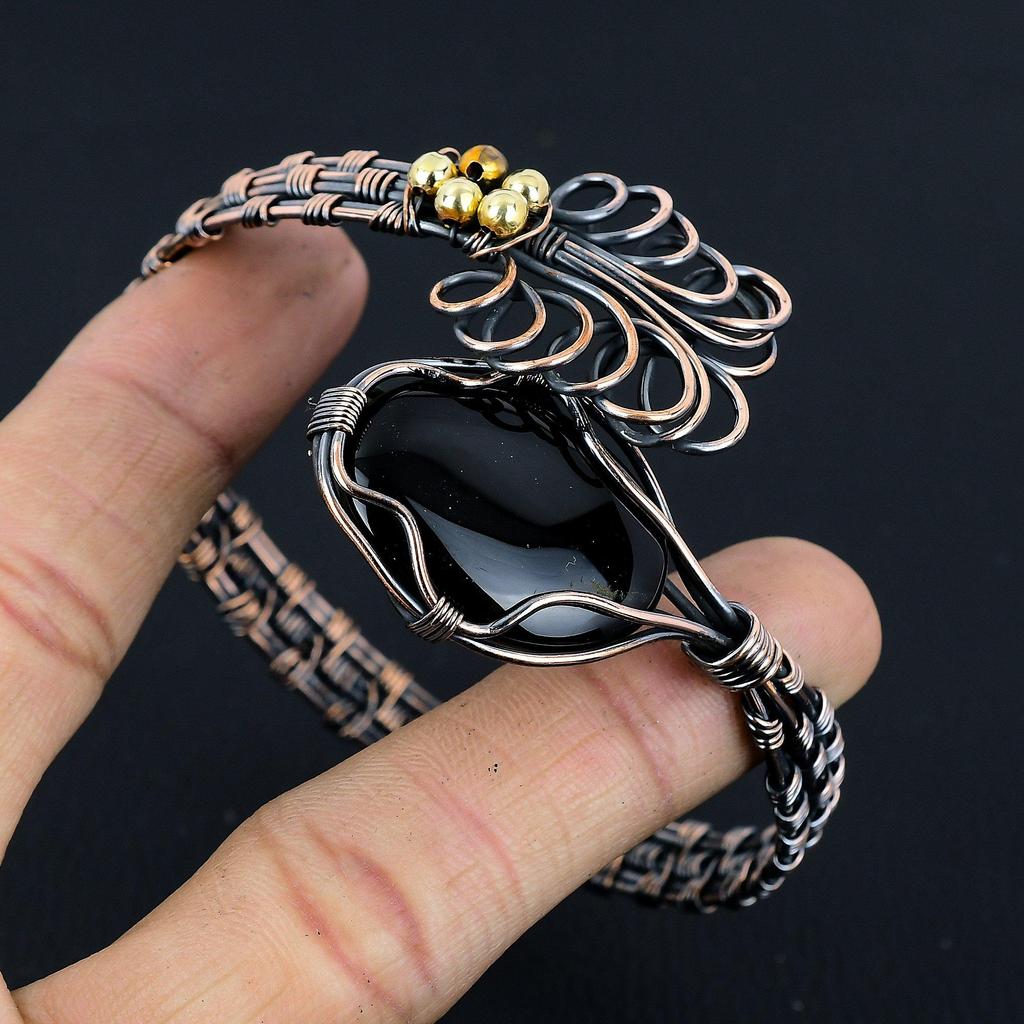 Black Onyx Bangle, 999 Copper Wire Wrapped Gemstone Jewelry, Handmade Bangle For Thanksgiving