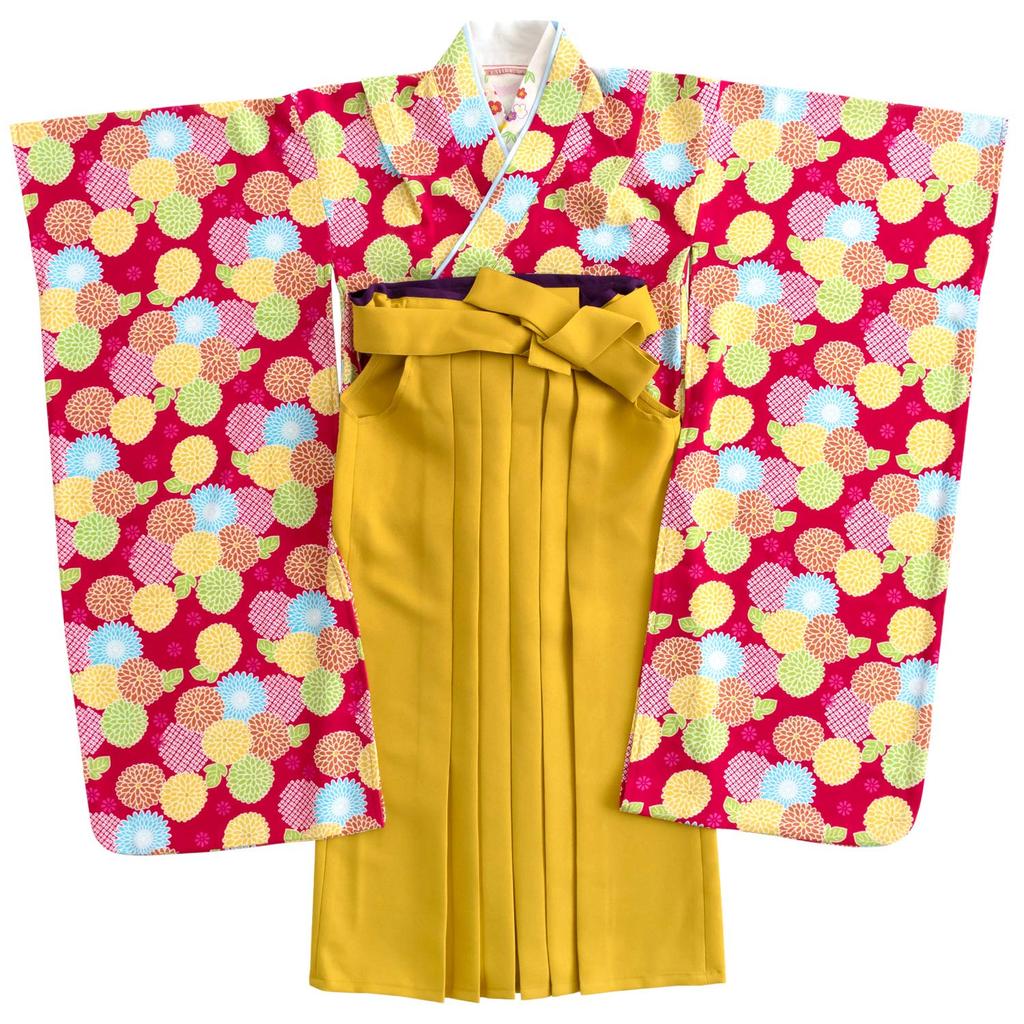 Hakama Easy To Put Simple Japanese Clothing Set Graduation Kindergarten Graduation Girls Red Chrysanthemum Round [KYOETSU] [Kyoetsu] Set, On, (kimono,