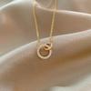 Personality Gold Color Stainless Steel Zircon Double Ring Pendant Necklaces for Women Charm Bride Collar Korea Jewelry Colorfast