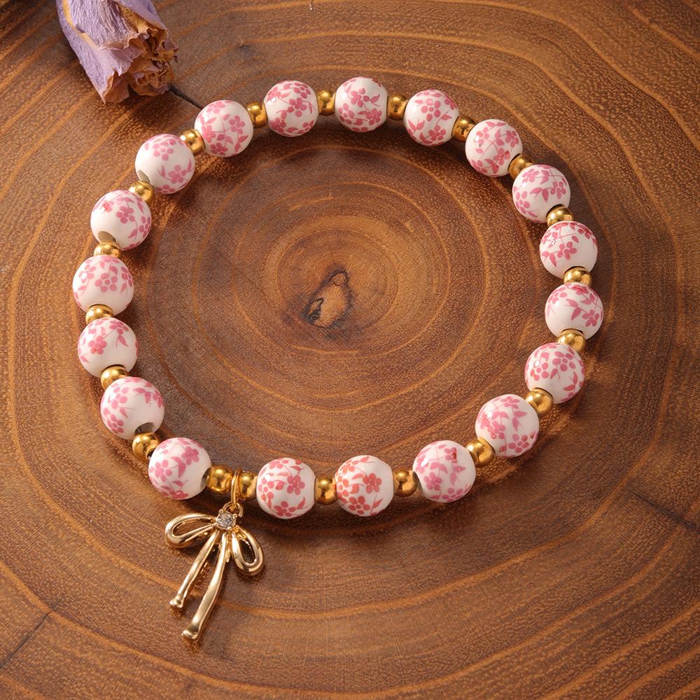 Vintage Style Ceramic Bead Bracelets, Cross/Medal/Bow/Butterfly Charm Elastic Jewelry