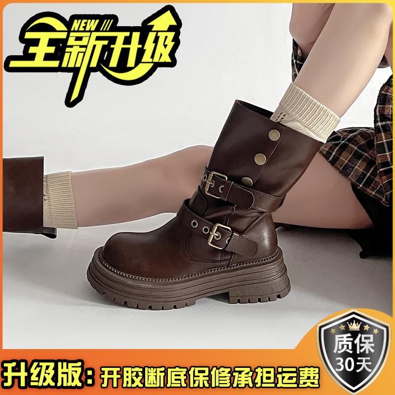 Temperament thick bottom increases height, two women's new belt buckle thin boots wear Martin boots
