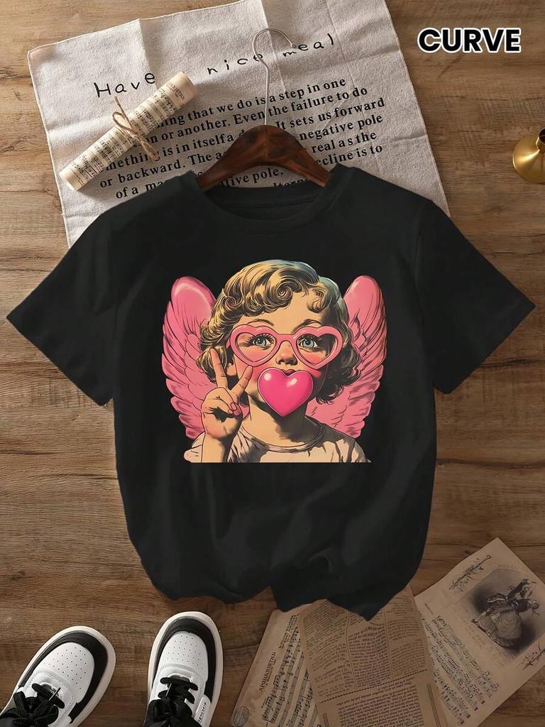 Plus Size Womens Valentines Day Cupid Bubble Blowing Graphic Print TShirt White Casual Short