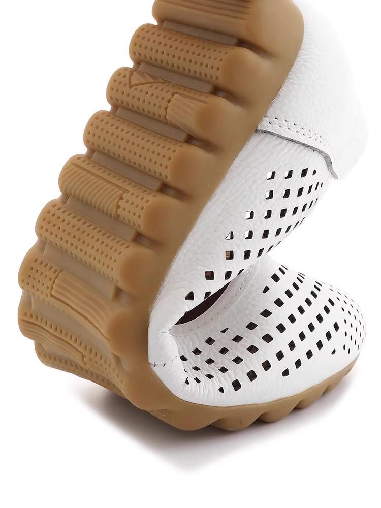 Fashion GKTINOO White Genuine Leather Ladies Breathable Summer Shoes Women Flats Slip-On Loafers Round Toe Soft Flat Shoes Casual