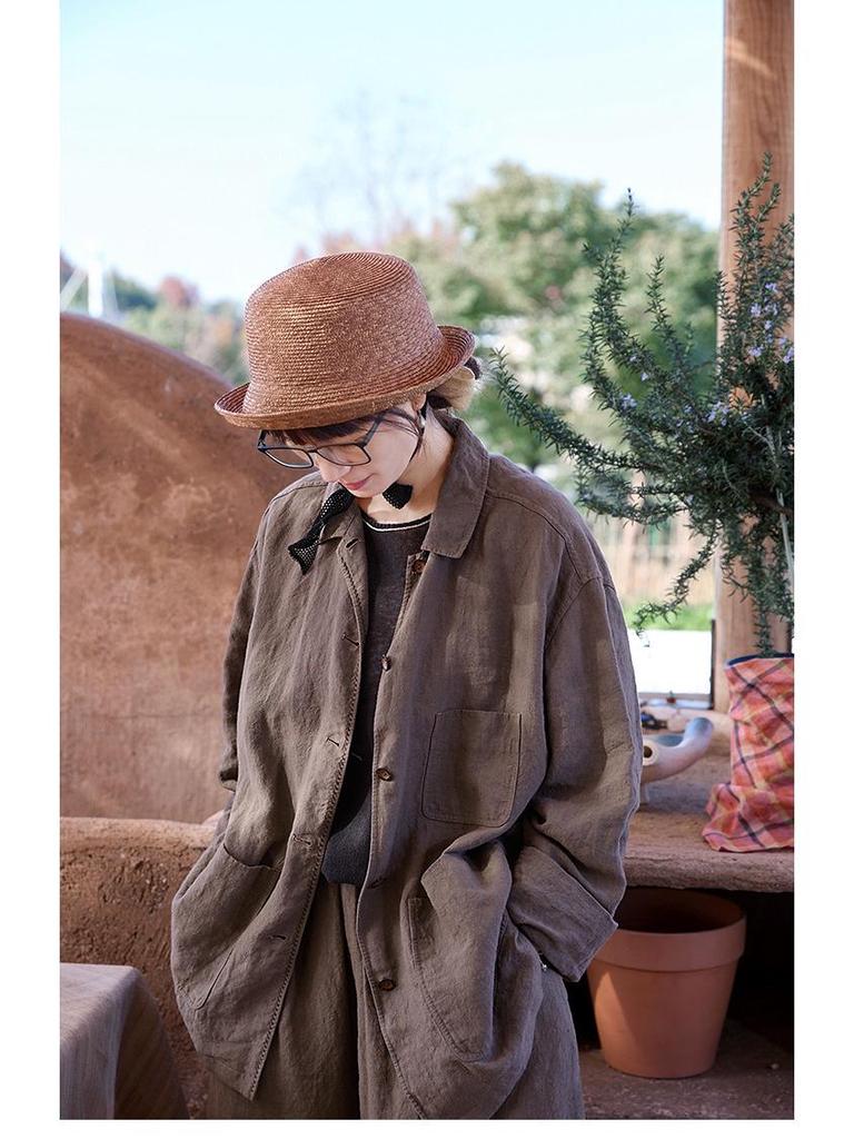Spring Summer Retro Women's Tea Brown Linen Plus Size Slimming Loose Lapel Shirt Outerwear